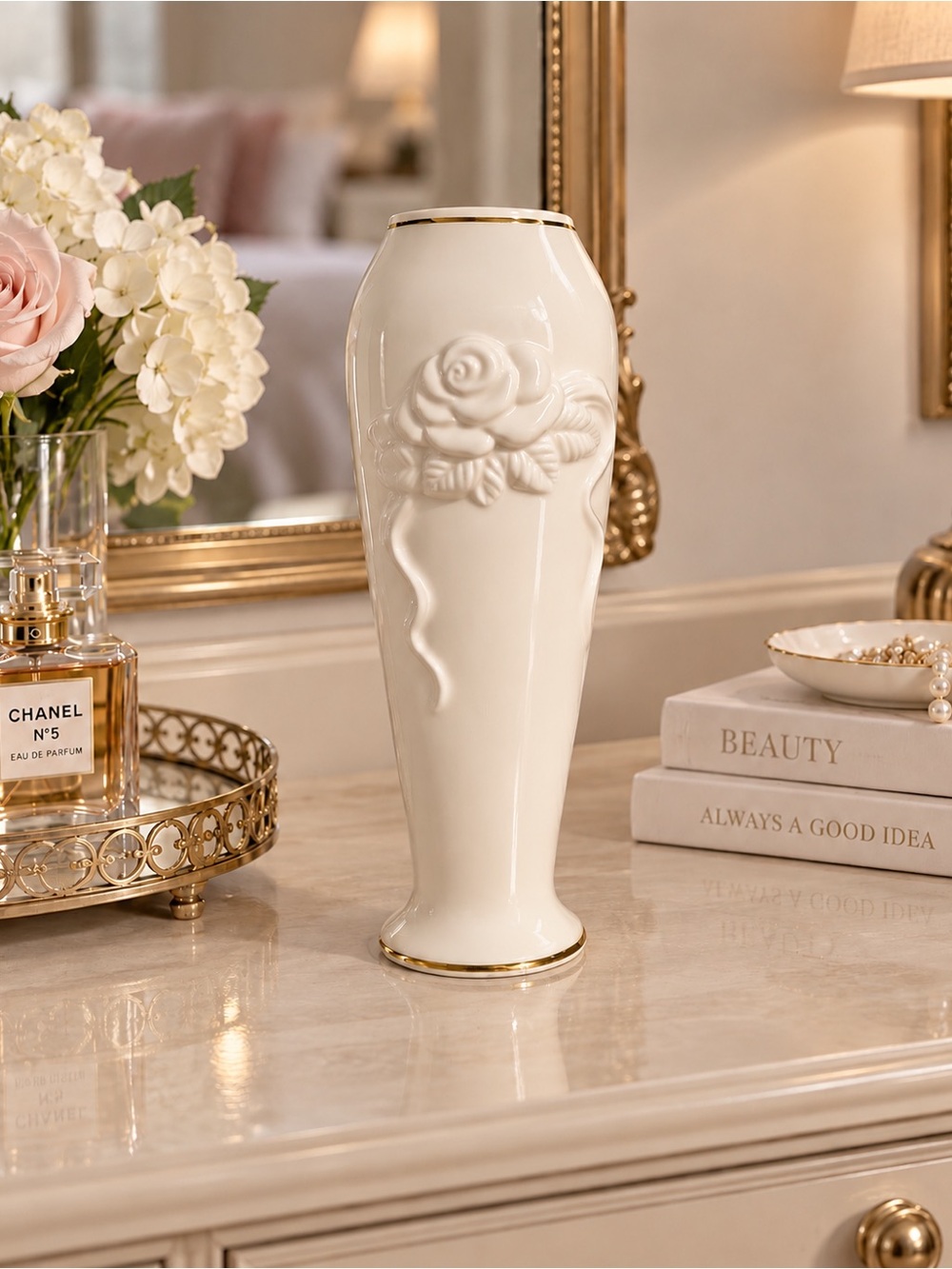 Lenox Ivory Cream Bud Vase Raised Rose Floral Gold Trim